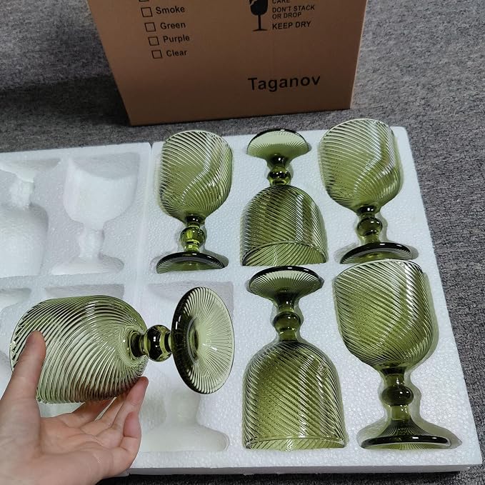 Taganov Green Glasses Drinking Wine Water Goblets Glassware set of 6 Vintage Stem Glasses Stemware 12 Ounces for Wedding Party Bar Twill Pattern Striped 350 ml - Image 9