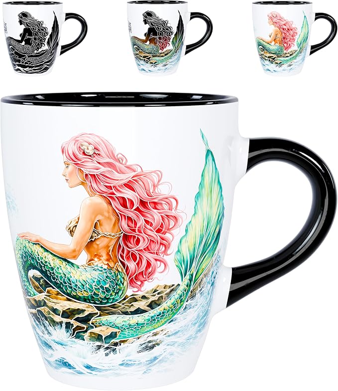 Color Changing Mermaid Coffee Mug 12oz – Heat Sensitive Ceramic Cup with Ocean Waves & Dolphin Design, Coastal Beach Theme Mug, Unique Christmas Holiday Birthday Gift for Mermaid Lovers, Men & Women by Dream8Design