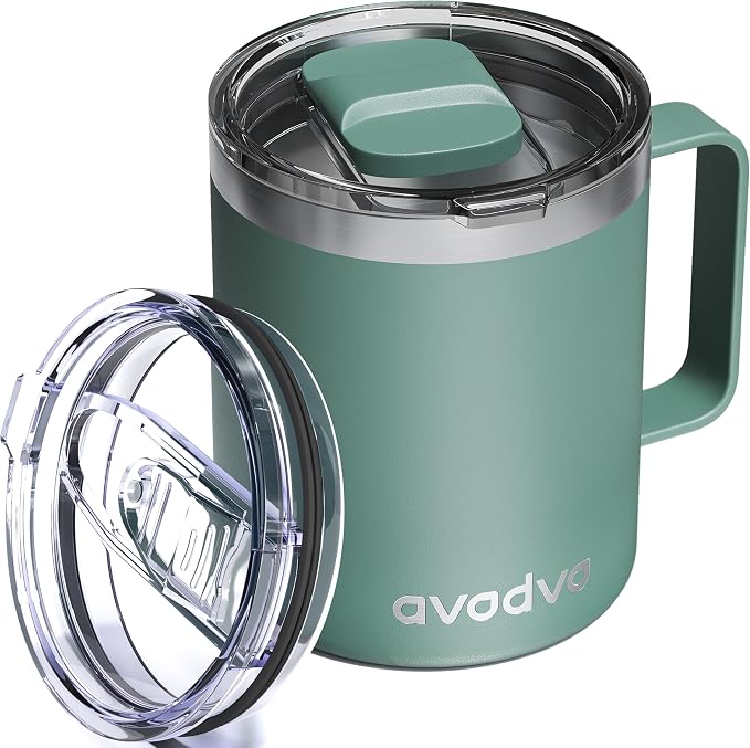 12oz Insulated Coffee Mug with Lid – Includes Two Lids, Stainless Steel Coffee Travel Mug with Handle, Double Wall Vacuum Insulated Camping Mug for Home, Office & Outdoor, Sage Green by avodvo