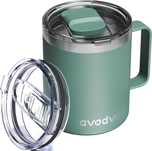 12oz Insulated Coffee Mug with Lid – Includes Two Lids, Stainless Steel Coffee Travel Mug with Handle, Double Wall Vacuum Insulated Camping Mug for Home, Office & Outdoor, Sage Green by avodvo