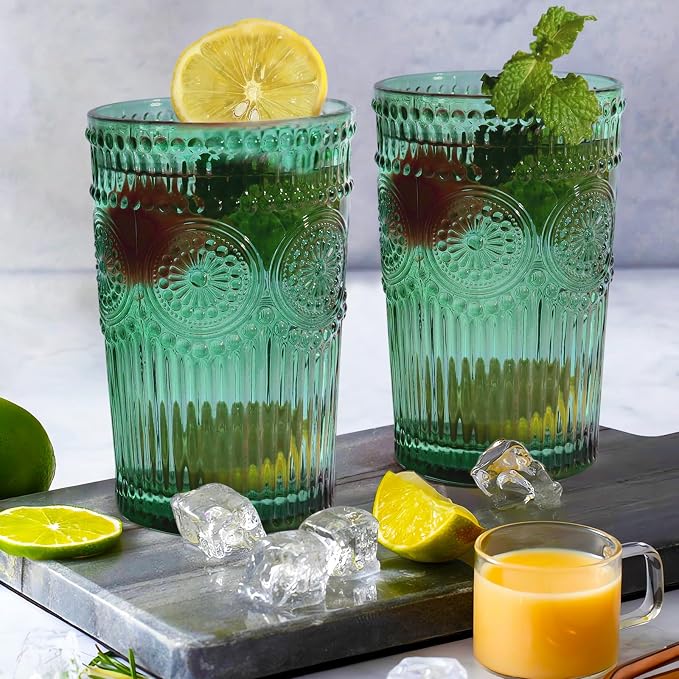 Loivttvv 6pcs Vintage Drinking Glasses Set, 12 oz Dark Green Highball Glasses, Embossed Ribbed Glassware Cups for Cocktail, Water, Juice, Coffee, Whiskey by Loivttvv