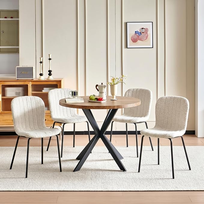 37 Inch Round Dining Table Set for 4, Modern Small Circle Kitchen Coffee Set for Apartment Living Room Office, Save Space(1 Imitation Wooden Table + 4 White Boucle Chairs) - Image 3