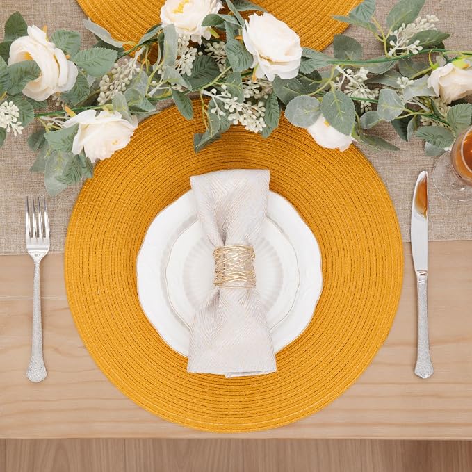 SHACOS 15 inch Round Braided Placemats Set of 6 Non Slip Washable Kitchen Table Place Mats Cotton Polyester Heat Resistant Table Mats for Home Wedding Dinner Party Table Decor, Mustard Yellow - Image 2