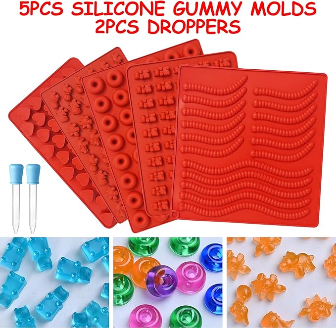 Gummy Bear Mold Silicone for Gummies Candy, 5Pcs Worm Gummy and Chocolate Molds Silicone for Kids Including Mini Bear, Dinosaur, Worm, Hearts and Mini Donut with 2 Droppers