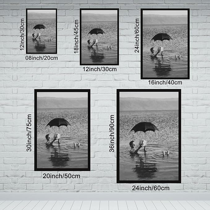 Man Floating in Lake With Book And Umbrella, Old Photography 1920s, Black And White Poster Canvas Poster Wall Art Decor Print Picture Paintings for Living Room Bedroom Decoration Black Frame 08x12in(2 - Image 2