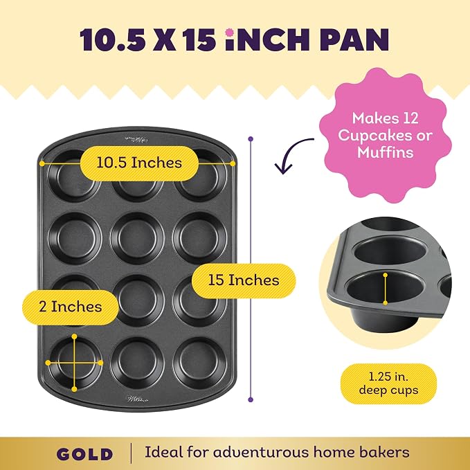 Wilton Gold Non-Stick Muffin Pan, Made Without PFAS, 12-Cup | Non-Stick Steel with Scratch-Resistant Coating, Resists Warping, Extended Handles, Dishwasher Safe, Perfect for Cupcakes - Image 3