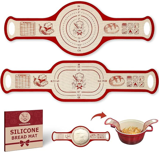 Silicone Bread Sling for Dutch Oven, 2 PCS Non-Stick Reusable Bread Baking Mats with Long Handles, Seamless Design Easy to Transfer Sourdough Sling Silicone Sourdough Sling Dough (Round/Oval Red)