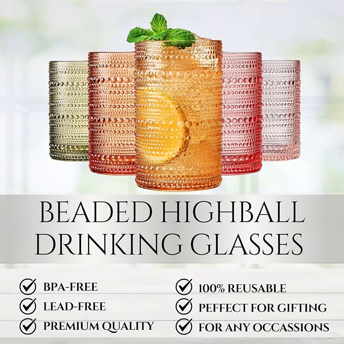 Khen Hobnail Beaded Highball Drinking Tumbler Glasses | Set of 5 | Color Vintage Bubble Design Whiskey Glassware, Old-Fashioned Embossed Design, Water, Wine, Cocktail, Heavy Glass Rocks Glass - Image 3