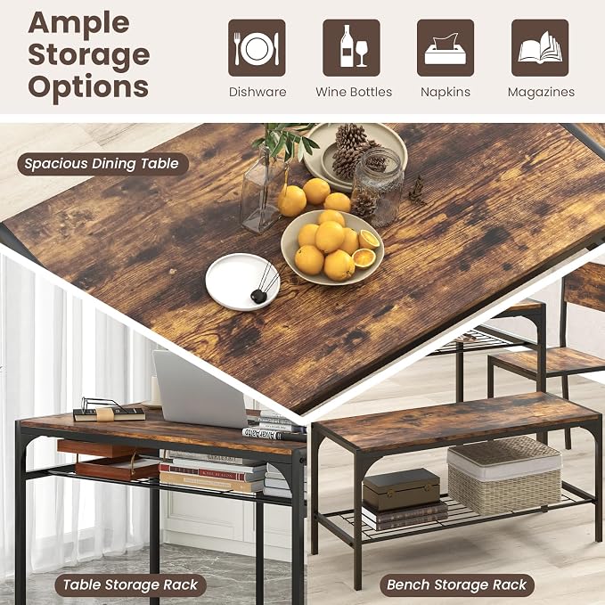 Giantex Dining Table Set for 4, Kitchen Table with Chairs & Bench, Storage Racks, Metal Frame, 4-Piece Space-Saving Dinette Set for Dining Room, Breakfast Nook, Small Space, Apartment,Rustic Brown - Image 4