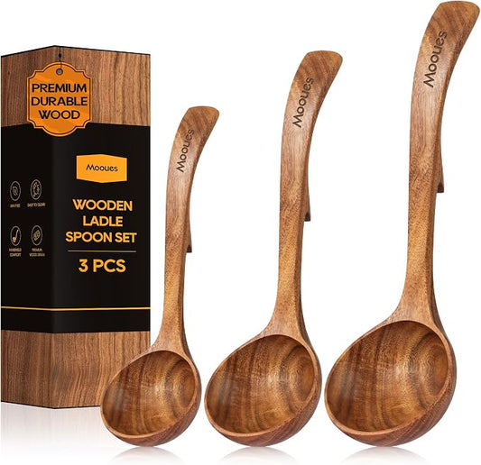 Wooden Ladle for Soup, 3 Size Teak Wood Ladle Spoon with Back Hooks, Heat Resistant Wooden Spoons for Cooking, Non-Stick, Comfortable Grip, Wood Kitchen Utensils Set for Serving, Stirring by Mooues