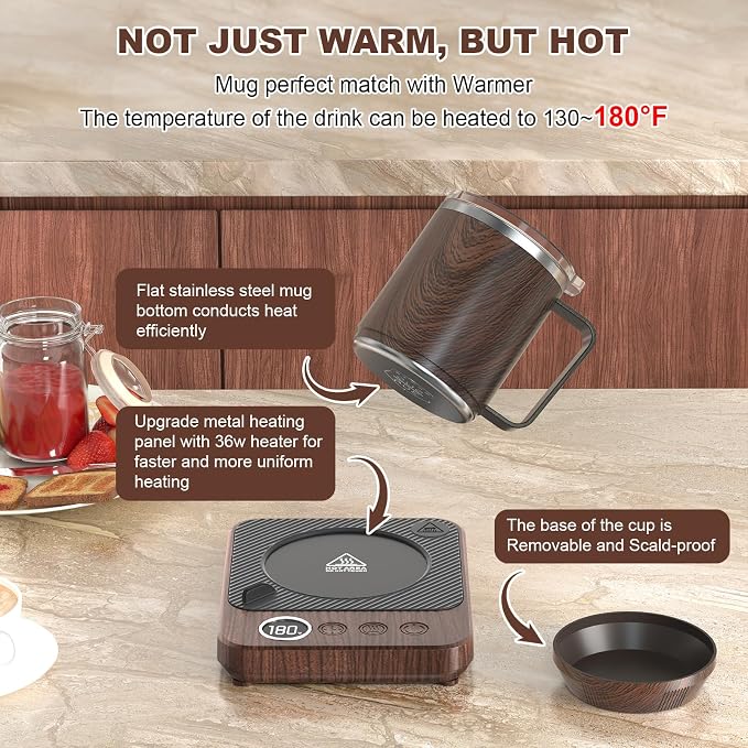 Felibeaco Coffee Mug Warmer &Mug Set for Desk, Smart Coffee Cup Warmer with 16oz Heated Mug, Cup Heater with Auto Shut Off for Office/Home, Coffee Gifts for Men&Women, for Dad, Wood - Image 2