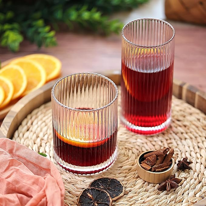 Moretoes Ribbed Drinking Glasses Set of 12,Water Glass Cups | Mixed Glassware Set,6 Highball Glasses 12 Oz, 6 Rocks Glass 13 Oz, Kitchen Bar Tumbler for Wine, Juice, Ice Coffee, Whiskey - Image 6