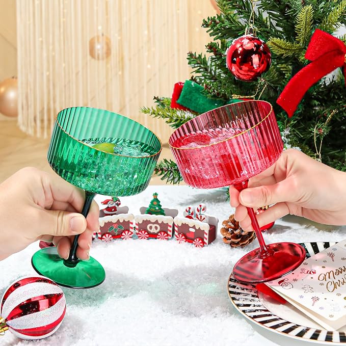 12 PCS Plastic Martini Glasses 10 oz Detachable Gold Rim Green Ribbed Coupe Glasses Vintage Christmas Martini Cocktail Glass for Bar,Margarita,Gin,Tequila, Desserts and Snacks - Image 7