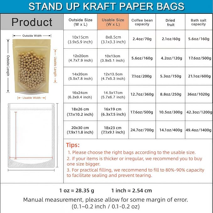 FERENLI 50 Pcs 3.9x5.9 inch Brown Kraft Paper Stand Up Food Bags | Kraft Paper, Clear Front, Resealable Zipper Lock, Doypack, for Spices Dried Food Storage Simmer Pots Packaging Supplies - Image 2