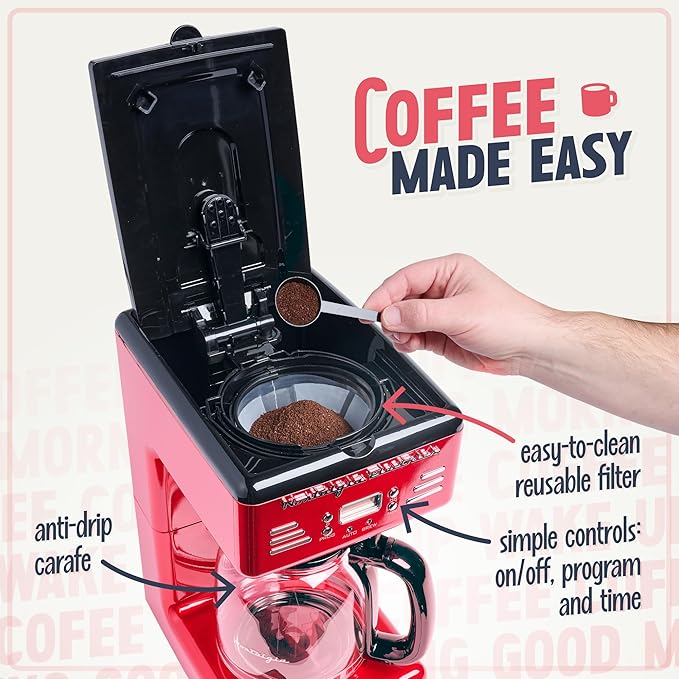 Nostalgia Retro 12-Cup Programmable Coffee Maker With LED Display, Automatic Shut-Off & Keep Warm, Pause-And-Serve Function, Red - Image 4