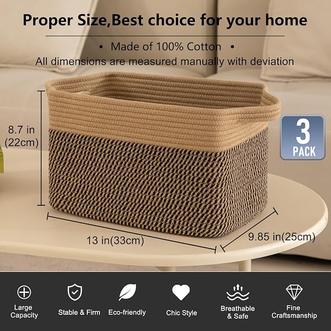 OIAHOMY 3 Pack Storage Basket for Organizing, 13''X9.85''X8.7'' Storage Bins,Woven Basket Basket with Handles, Toy Storage Basket Bin,Stylish Room Decor Basket, Brown & Black - Image 3