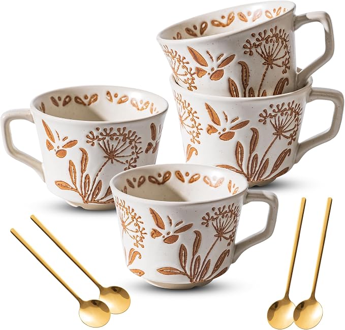 Ceramic Mugs 11 oz Unique Luxurious Cups Set of 4 with Premium Spoon, Mug for Coffee Milk Latte Cappuccino Tea, for Office Home Dishwasher Microwave Freezer Safe, Birthday Gift, Stoneware by Noevany
