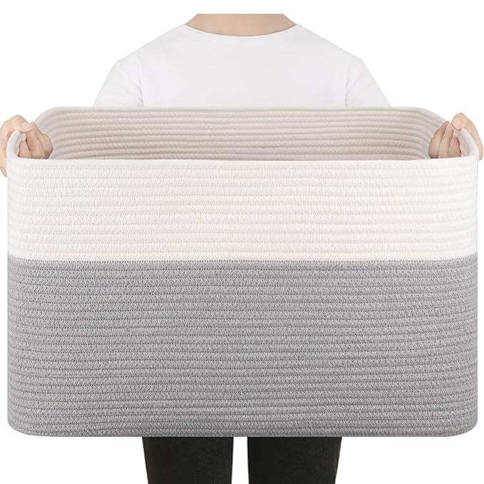 75L Large Blanket Basket, Toy Basket Bin for Kids, Cotton Rope Woven Storage Baskets for Living Room, Bedroom, Nursery, Baby Room Decorative Organizer, 22''×17''×12'', Grey and White