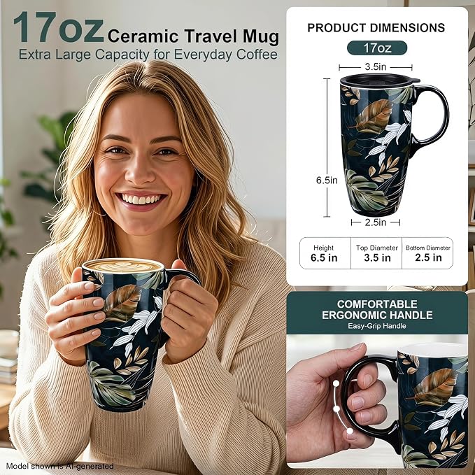 Topadorn 17oz Ceramic Travel Mug with Lid, Tropical Leaf Coffee Mug | 17oz Ceramic Travel Mug • Tropical Leaf Design • Coffee Mug with Lid • Microwave & Dishwasher Safe • Gift Box - Image 2