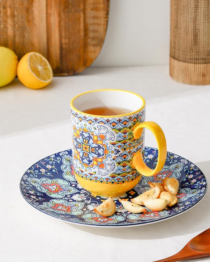 HENXFEN LEAD Boho Ceramic Coffee Mugs Set of 6, 14 oz | Assorted Patterns, Ideal for Coffee, Tea, Latte & Hot Cocoa, Microwave & Dishwasher Safe, Lead-Free Glaze - Image 5