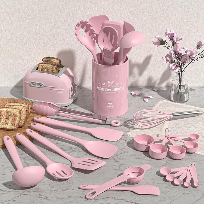 Umite Chef 22-Piece Silicone Cooking Utensils Set, Heat Resistant & Dishwasher Safe Kitchen Tools, Non-Scratch Spatula Set for Nonstick Cookware (Pink) - Image 2