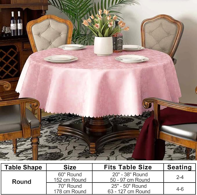 Smiry Round Waterproof Heavy Duty Vinyl Tablecloths, 60 x 60 Inch | Wipeable Washable Floral Embossed Table Cover for Kitchen and Dining Room, Indoor & Outdoor Use, Pink - Image 6