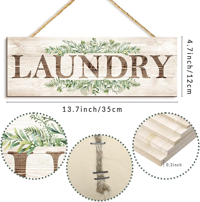 Laundry Sign Wall Decor, Laundry Wall Art with Plant Print, Rustic Farmhouse Wall Hanging Wooden Plaque for Home Decorative (Laundry), 4.7 x 13.7 inches - Image 2