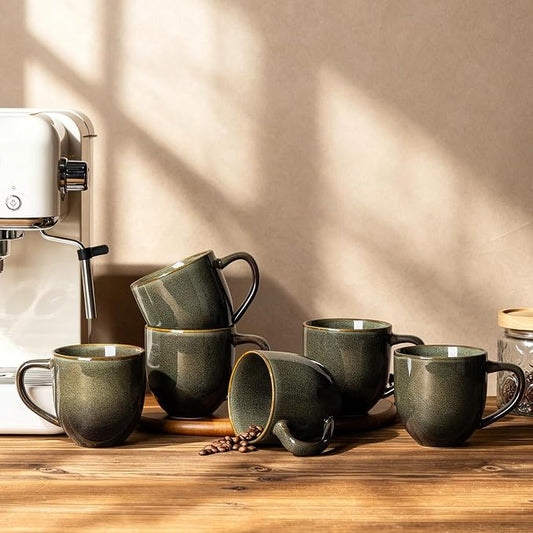 theterra Ceramic Coffee Mugs Set of 6, 12 oz Coffee Cups with Handle | Handmade, Suitable for Latte, Tea, Milk, Beer & Hot Cocoa, Olive Green by TheTerra
