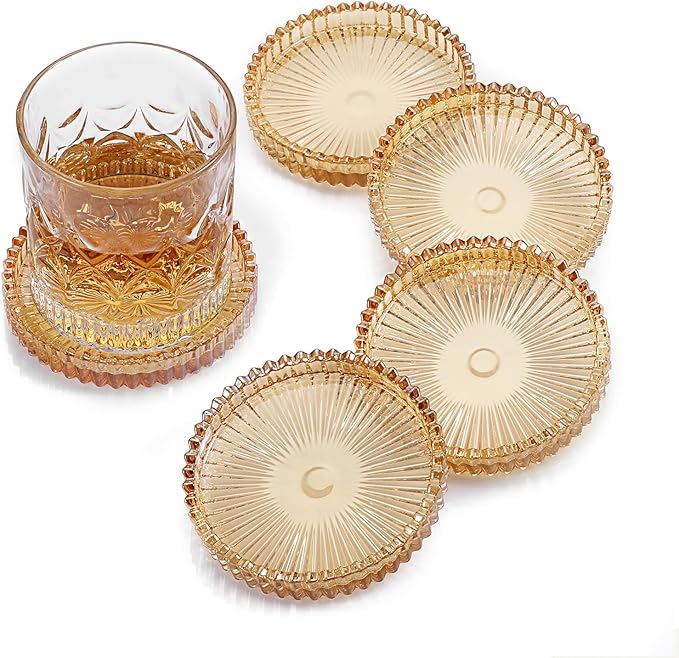 Modern Clear Coasters Set of 5- Glass Cute Coasters for Drinks, Amber | Crystal Coaster Round Chic Cup Mat Cute Coffee Table Coaster for Kitchen, Bar, Dining Room, Living Room, Patio by Unknown