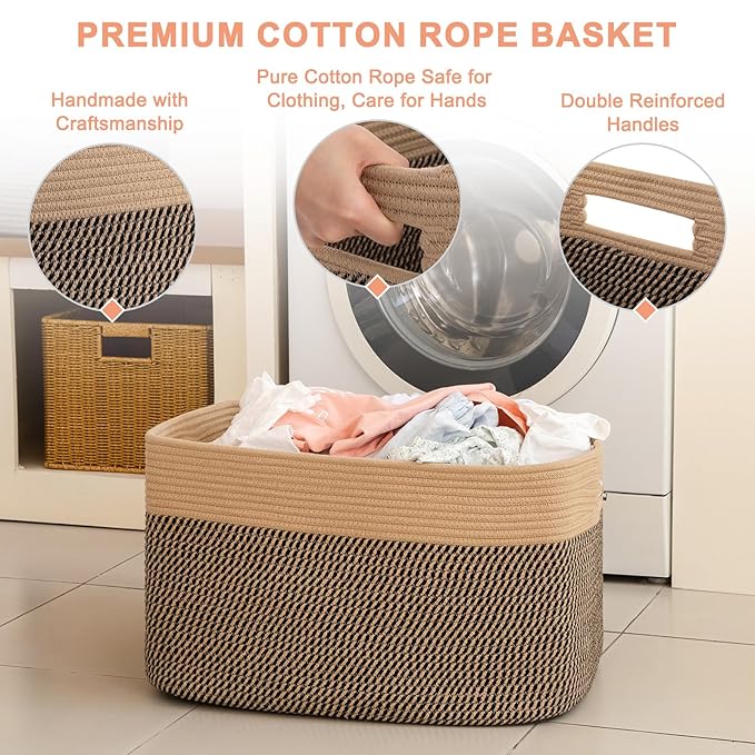 75L Large Blanket Basket, Toy Basket Bin for Kids, Cotton Rope Woven Storage Basket for Living Room, Bedroom, Nursery, Baby Room Decorative Organizer, 22''×17''×12'', Brown & Black
