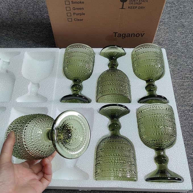 Taganov Glasses Drinking Wine Water Goblets Green Glassware set of 6 Vintage Stem Glasses Stemware 12 Ounces for Wedding Party Bar Twill Pattern Striped 350 ml - Image 4