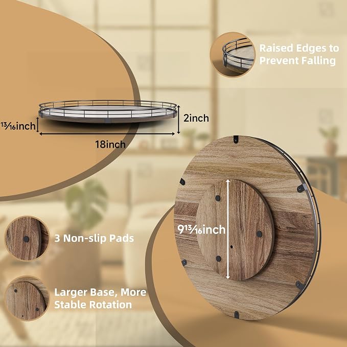 Acacia Wood 18" Lazy Susan Turntable Organizer for Table Top, Farmhouse Large Round Lazy Susan for Cabinet Kitchen Centerpieces Dining Table, for Condiments Charcuterie, Bathroom Vanity Tray Decor - Image 2