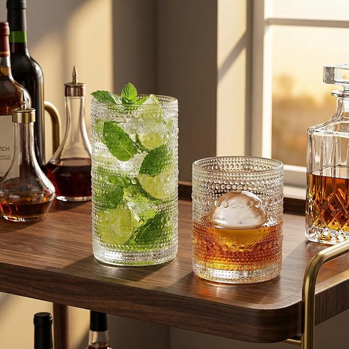 Vintage Hobnail Drinking Glasses Set of 8, Clear 16 oz Highball Glasses & 12 oz Cocktail Glasses Set, Kitchen Drinkware Glassware,Embossed Water Tumbler for Beer, Juice, Whiskey, Milk - Image 6