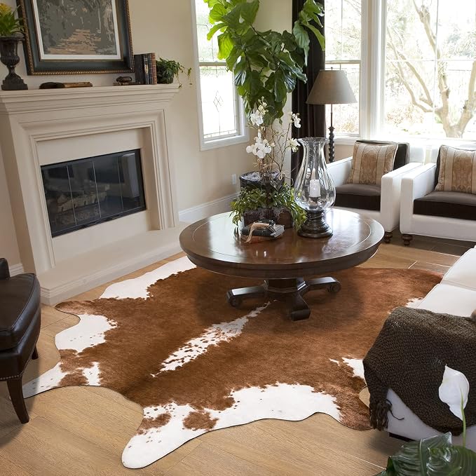 Amearea Faux Cow Hide Rug 5.2x4.6, Vintage Western Home Decor Cow Print Rug | Faux Leather Animal Cowhide Carpet for Living Room Bedroom, Dining Traditional Cow Print Stuff Carpets, Khaki - Image 3