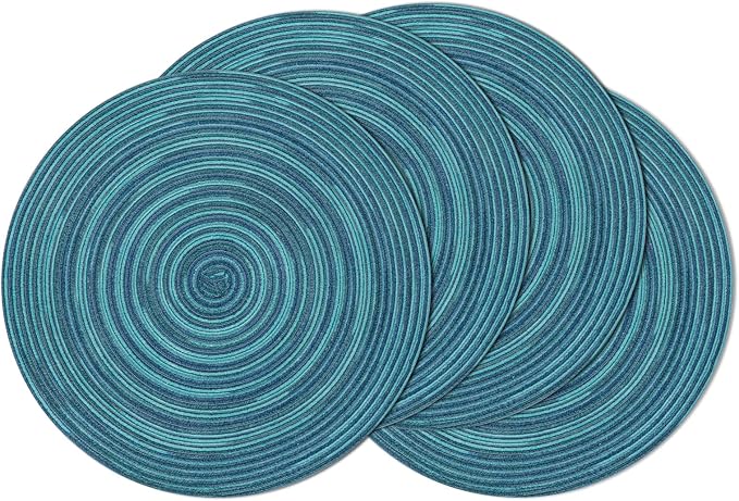 SHACOS 15 inch Round Placemats Set of 4 Variegated Multicolor Place Mats Cotton Polyester Braided Non Slip Washable Heat Resistant Table Mats for Home Wedding Dinner Party Table Decor, Rainbow Teal by SHACOS