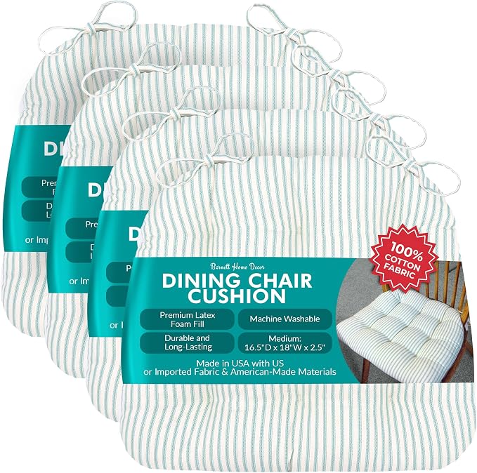 Barnett Home Decor Chair Cushions for Dining Chairs - 16.5x18 Kitchen Chair Cushions - Machine Washable, 100% Cotton, Made in USA - Latex Foam Chair Pads - Ticking Stripe Aqua Medium Pack of 4 by BarnettHomeDecor