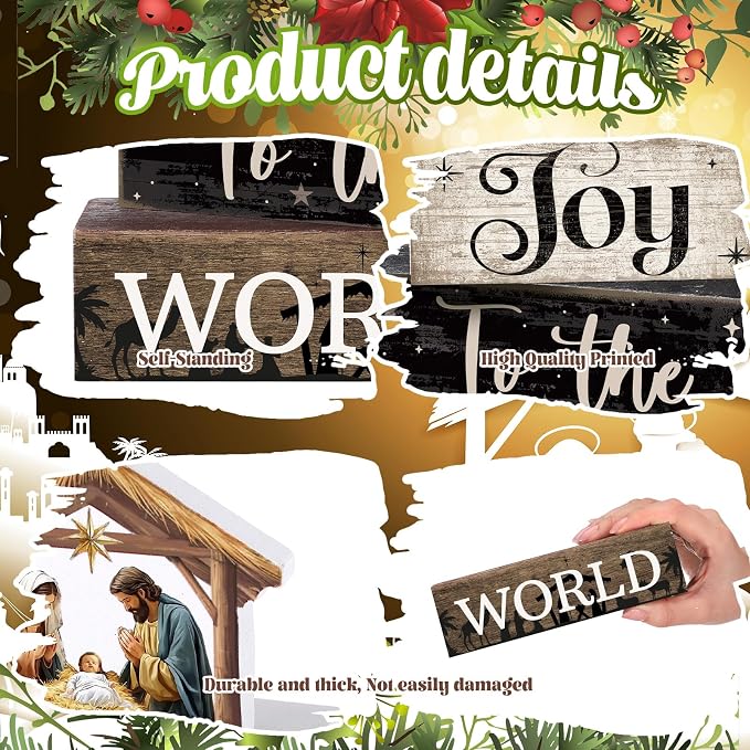 Moucuny 4 Pcs Christmas Table Decor Wooden Christian Religious Decoration Nativity Scene Centerpiece Joy to the World Tiered Tray Decor Farmhouse Xmas Decoration for Kitchen - Image 6