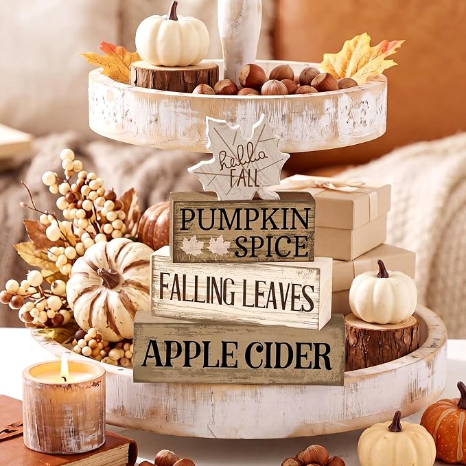 Moucuny 4 Pcs Neutral Fall Table Decor for Home Maple Leaf Wooden Blocks | Thanksgiving Tiered Tray Decor, Brown and White Rustic Maple Leaf Block Signs Gift Fall Centerpiece for Harvest Home Kitchen - Image 5