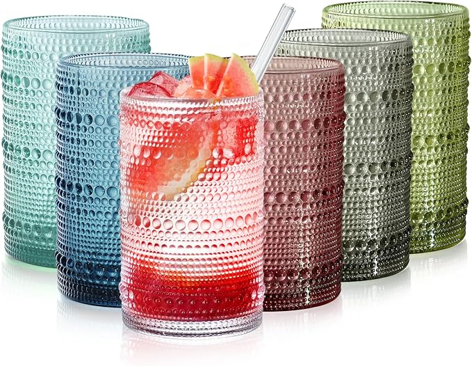 15oz Colored Hobnail Drinking Glasses, Vintage Glasses Drinking Set of 6, Embossed Beaded Glass Cups for Kitchen, Beer, Juice, Cocktail, Whiskey, Milk by FULGNU