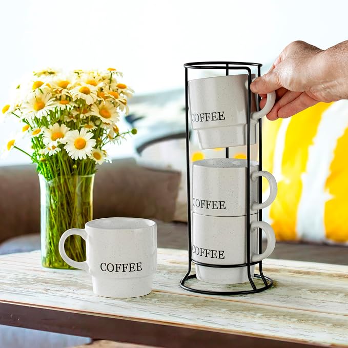 Signature Housewares Stackable Coffee Mug Tower Set with Metal Wire Rack - 15 Ounce Coffee Mugs for Coffee, Tea, Cocoa, Milk, Cappuccino, Hot Chocolate Set of 4 - White Coffee - Image 5