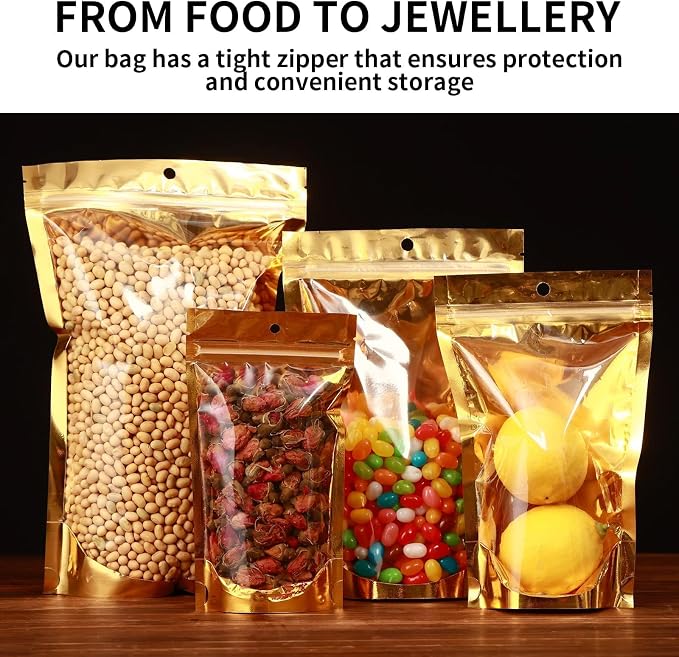 300 Pcs Mylar Bags for Food Storage 4x6 Mylar Bag with Window Stand Up Small Resealable Bags Smell Proof Bag Food Packaging for Small Business Freeze Dried Candy Jewelry Foil Packaging Gold - Image 7