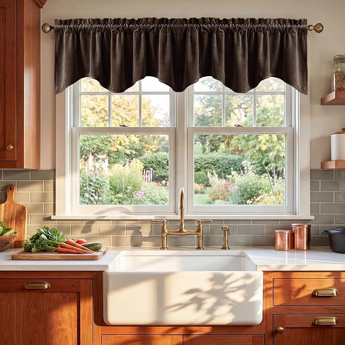 Brown Valance for Windows 52x18 Inch 1 Panel | Solid Velvet Wavy Kitchen Curtains for Small Window, Autumn Traditional Home Decor Window Treatment for Living Room by StangH