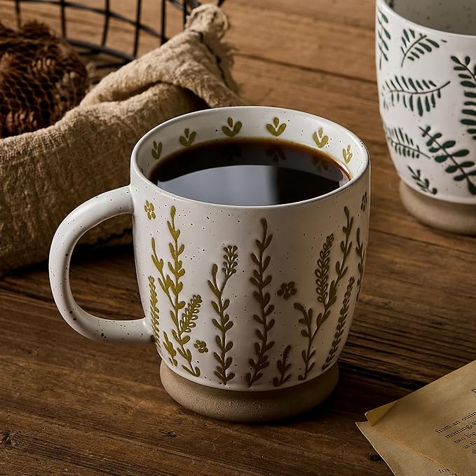 18 Oz Large Ceramic Coffee Mug Set of 4 - Rustic Handmade Floral Mugs with Handle, Microwave Safe for Latte Espresso Cappuccino Tea Cocoa Milk, Modern Unique Big Cups for Kitchen Women - Image 5