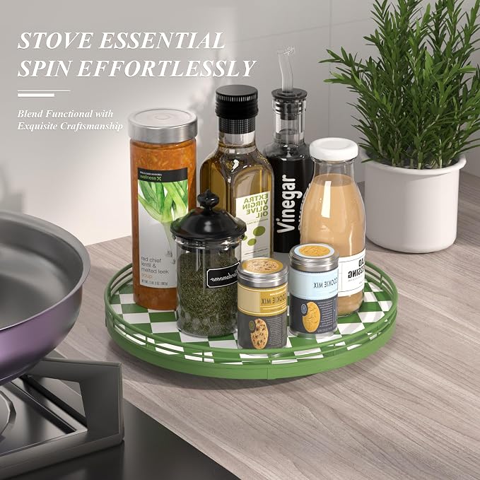 AMH 12-Inch Green and White Checkerboard Lazy Susan with Rubberwood Base | Smooth rotating oak tray with walnut finish for dining tables, kitchen counters, pantries and cabinet storage. - Image 2