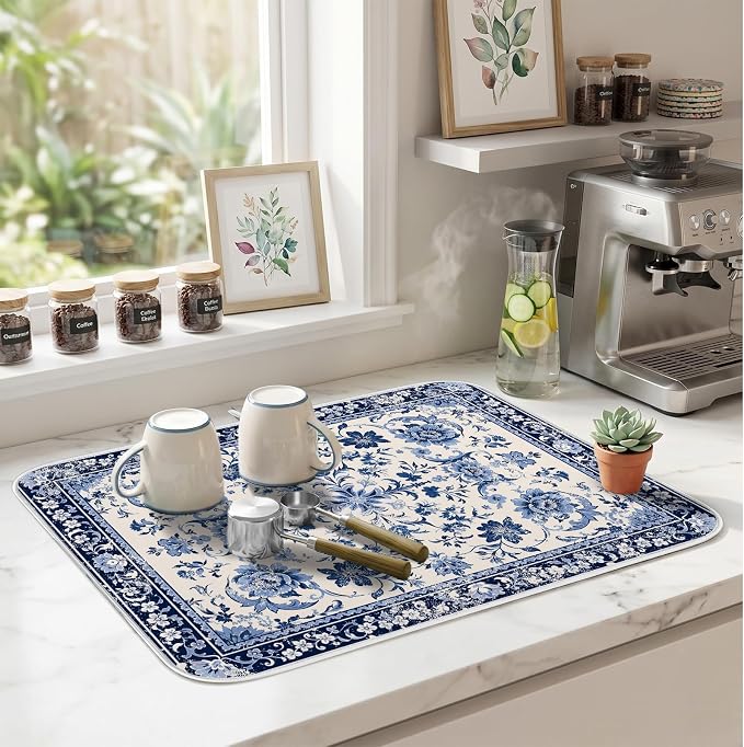 Chinoiserie Dish Drying Mat for Kitchen Coffee Bar 18x24 in Home Decor | Chinese Aesthetic Non Slip Absorbent Kitchen Dishes Drainer Mat, with Anti-slip Rubber Backing & Hanging Loop, for Sink - Image 9