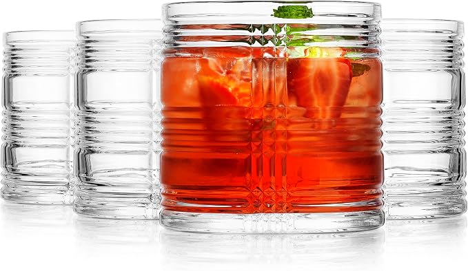 Old Fashioned Whiskey Glasses Set of 4, 14 oz Rocks Glasses, Heavy Base Scotch Bourbon Cocktail Tumblers, Ribbed Plaid Textured Drinking Glasses, Clear Lowball Glassware, Dishwasher Safe by MosJos