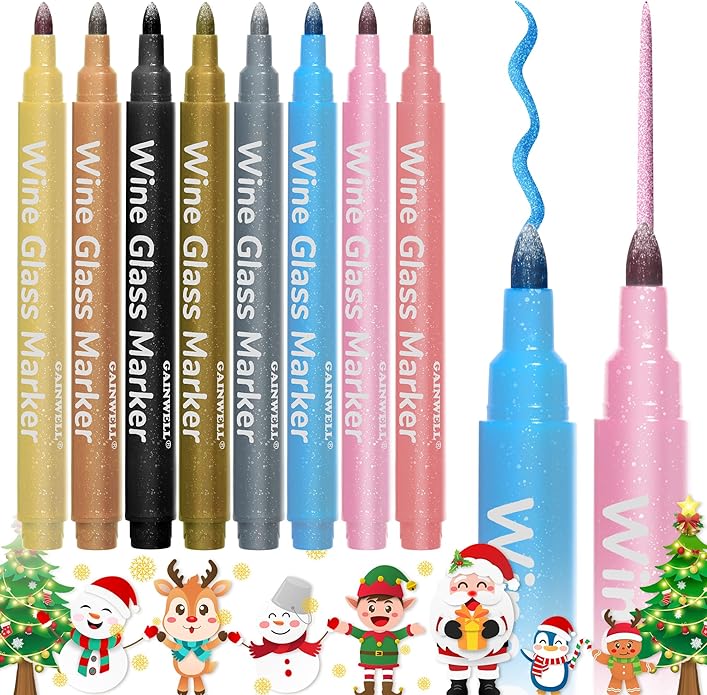 GAINWELL Metallic Wine Glass Markers 8Pcs, Non-Toxic, Food-Safe, Dishwasher-Safe, Wine Glass Marker Pens for Ceramic Plates, Parties & Weddings