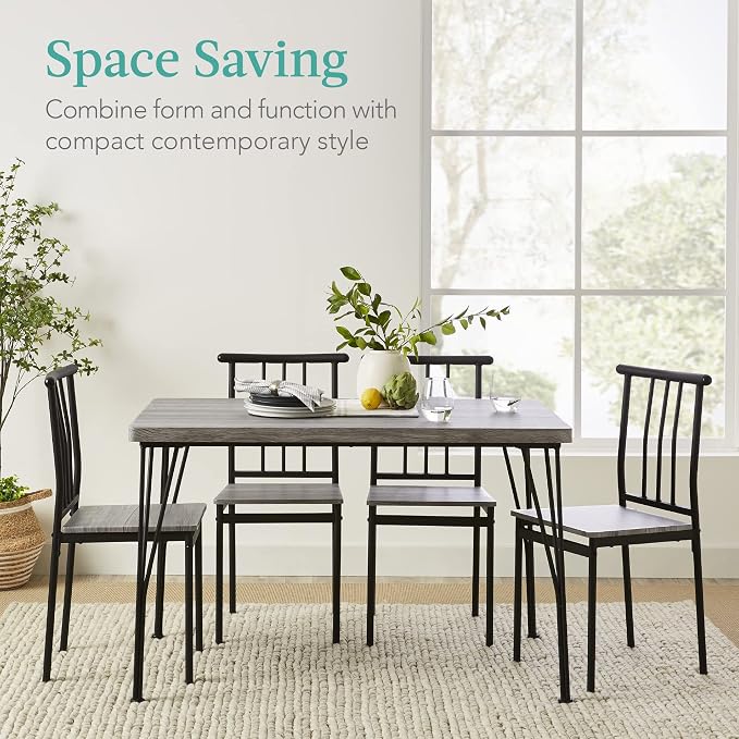 Best Choice Products 5-Piece Metal and Wood Indoor Modern Rectangular Dining Table Furniture Set for Kitchen, Dining Room, Dinette, Breakfast Nook w/ 4 Chairs - Gray - Image 2