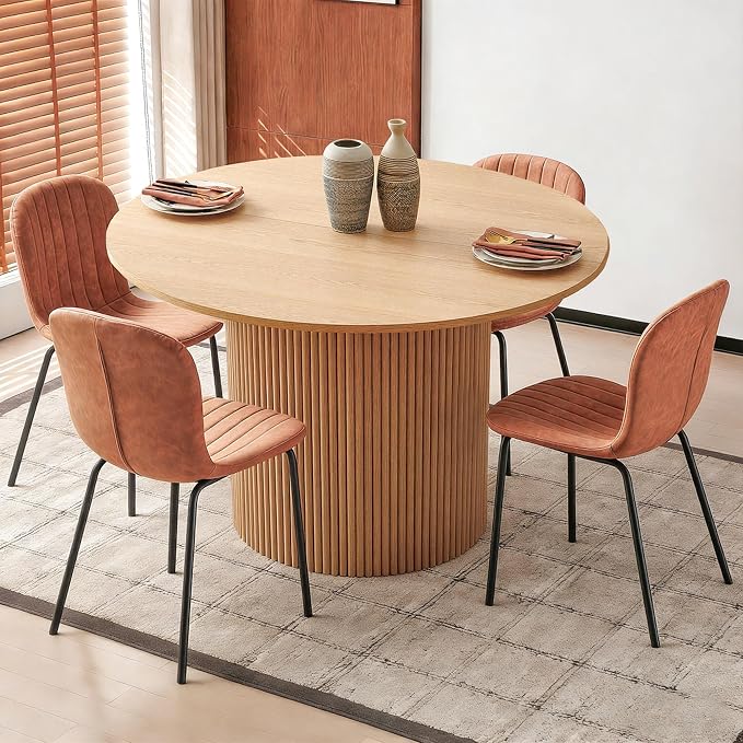 5 Piece Round Dining Table Set for 4, Mid Century Modern Wooden Kitchen Table and Chairs, Space-Saving Small Dinette Set (47 Inch Oak Table+4 Brown Chairs) by SQPFTW