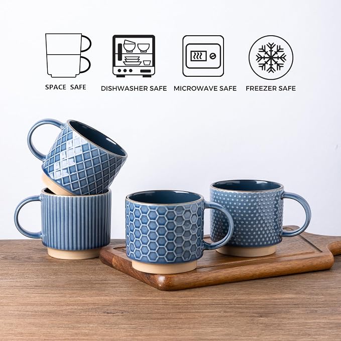 GBhome 6 OZ Stackable Coffee Mugs Set of 4, Ceramic Coffee Cups Set | 4 Assorted Designs, Embossed Mugs with Texture Patterns for Espresso/Tea, Dishwasher&Microwave Safe, Blue - Image 7